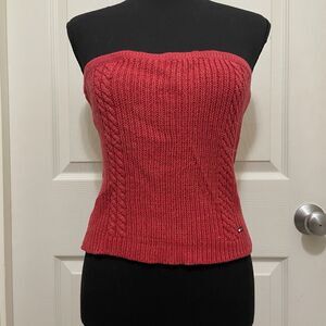 Vintage Tommy Jeans Cable Knit Tube Top Red Gold Strapless 90s Y2K Hilfiger L